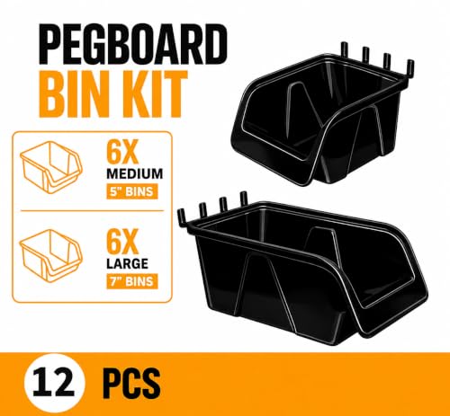 WallPeg Pegboard Bins - 6 Each 7" & 6 Each 5" ORGANIZING Bins - Hooks to Peg Board Panel Organize Hardware Arrange Accessories Workbench Tool Organizer Garage Storage -Made in USA- - style: 6 (7" Bins) & 6 (5" bins)