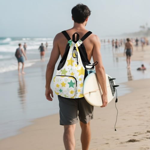 Drawstring Climbing Gym Bag With Inside Pockets Drawstring Bags For Men Women with Wet Dry Compartments Green and Yellow Stars