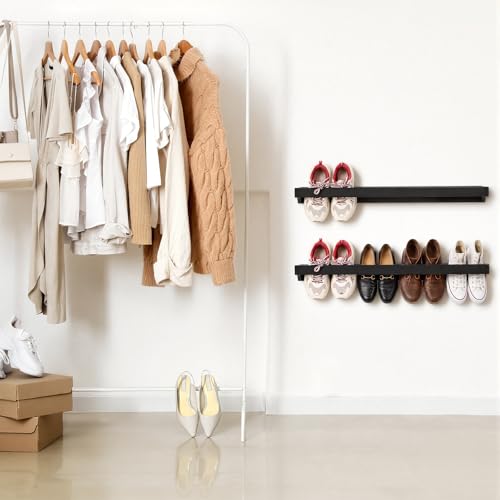 Wenqik 2 Pcs Wall Mounted Wooden Shoe Rack 30 Inch Rustic Wood Wall Hanging Shoe Rack Space Saving Footwear Holder Shoes Storage Organizer for Mudroom, Entryway, Closet (Black) - color: Black