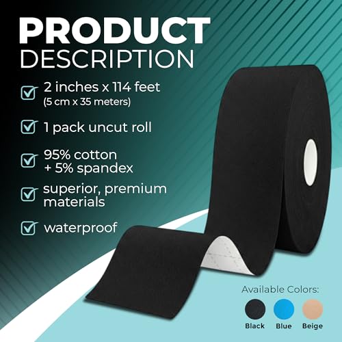 Kinesiology Tape Bulk Roll 114ft - Athletic Sports Tape, Black | Elastic Waterproof, Athletic Support & Joint Protection, Uncut for Wrist, Knee, Shoulder, Back, Foot, Skin-Friendly - color: Black