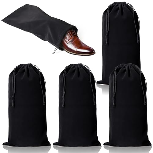 hoe Dust Bags, 4 Pack Black Duster Flannel Single Shoe Pouch with Drawstring Closure, 8x17" Shoe Bags for Travel, Home, Luggage, Handbags, Accessories, Men, and Women