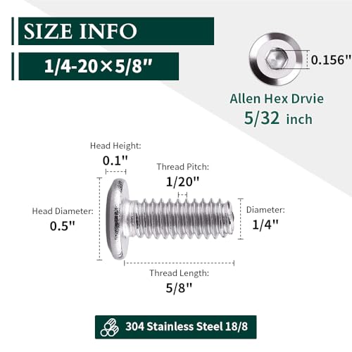 1/4-20 x 5/8" Hex Socket Head Cap Screws, 304 Stainless Steel 18-8, Chamfered Countersunk Machine Screws for Furniture, Binding, Machinery, Automotive, DIY Projects, 25 PCS - size: 1/4-20 x 5/8"