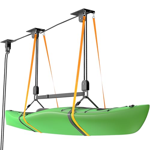 TRUSOON Kayak Hoist, Canoe Pulley for Garage Ceiling, 150 lbs, Black | Fits SUPs bikes ladders and cargo boxes, overhead space saver, heavy duty capacity, 2:1 mechanical advantage