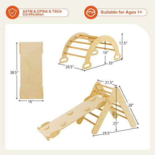 HONEY JOY 5 in 1 Wooden Climbing Toys for Toddlers, Triangle Climber with Ramp for Sliding or Climbing, Indoor Beech Montessori Triangle Climbing Arch Set for Daycare, Gym & Playground, Natural - style: 5 In 1