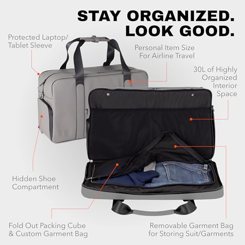 The FTL Pro Mens Travel Bag - 30L Premium Work to Gym Weekender Duffel with Garment Bag, Shoe Space & 18" Laptop Sleeve - Organized Athletic Business Carry On Hybrid, Fits Under Airplane Seat - Grey - color: Stone Grey, style: Pro