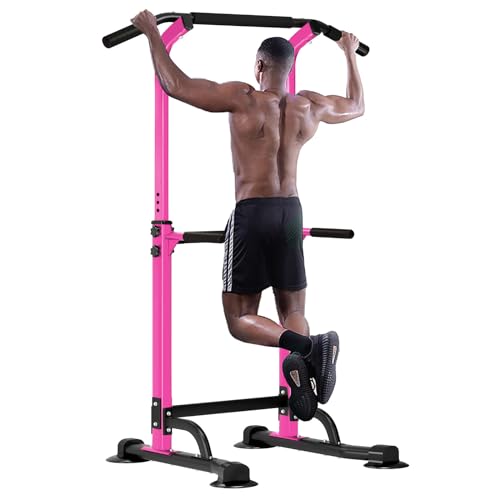 SogesHome Multi-Function Power Tower Pull Up Bar Dip Station for Home Gym | Height Adjustable PullUp Dip Stand, Full Body Strength Training Equipment, Fitness Workout for Push Ups Dips, 330LB Capacity - color: Pink