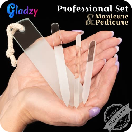 GLADZY Czech Glass Nail File Set - Multifunctional Nail Shiner Buffer, Callus Remover Foot Rasp, Glass Cuticle Pusher Manicure Stick, Etched Surface, Professional Nail Care Tool, Made in EU - color: All-in-one Set - With Shiner
