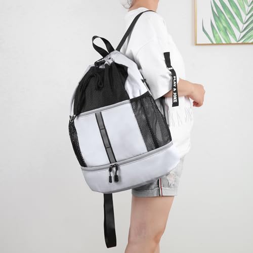 Valleycomfy Drawstring Gym Bag Sports Backpack With Shoe Compartment White | Reflective Strips Top Handle - color: White