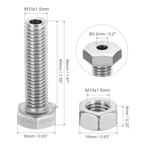 PATIKIL M10x40mm Hollow External Hexagon Screw, 2 Set Cylindrical Lamp Threading Socket Screws Through Hole Bolt with Nut 304 Stainless Steel - size: 40mm