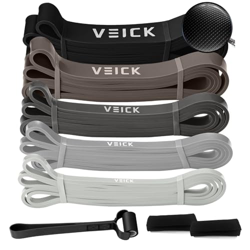 VEICK Pull Up Assist Resistance Bands for Home Gym | 100% Natural Latex, Non Slip Leather Texture, Space Saving, Versatile for Full Body Training, Home Gym - color: Gray Set of 5 + Hand Grip Pads