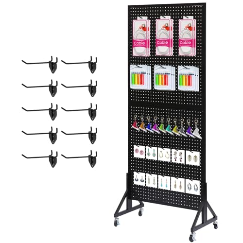 Eastern Tree 2.5'x 6' Metal Pegboard Display Stand with T-Base, Black Peg Board Panels Display with Casters, Standing Pegboard Display, Retail Display Stand, Extra 10 Pieces Hooks, Black - size: 1-Pack Black