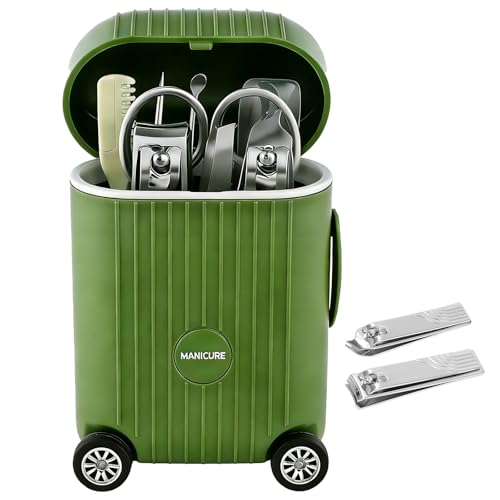 8-Piece Manicure Set in Mini Suitcase, Cute Travel Nail Clipper Kit with Stainless Steel Tools, Portable Grooming Care for Car Console, Office Desk Decor & Unique Gift, Olive Green, 3.9"