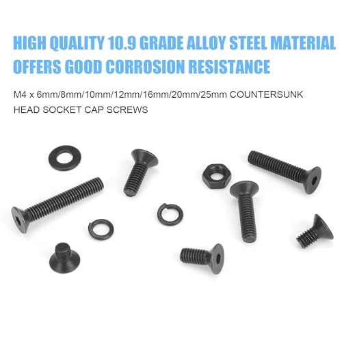 DYWISHKEY 386 Pieces M4 Black Screws, 10.9 Grade Alloy Steel M4x 6/8 /10/12 /16/20 /25mm Countersunk Head Socket Cap Screws Bolts Nuts Washers Assortment Kit - size: M4, style: Countersunk Head Socket Cap