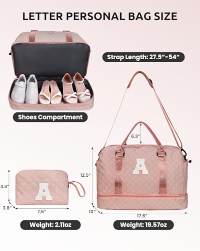 Gift for Girls-5 6 7 8 9 10 11 12 13 14 15 16 Year Old-Duffle Bags | with Shoe Compartment, Personalized Weekender Bag, Travel Bag with Makeup Bags, Gifts for Women Birthday Unique (Letter H) - color: Pink, style: H
