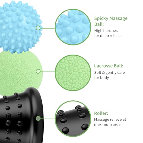Maliton Massage Ball & Foot Roller - 3-in-1 Set with Spiky Ball, Lacrosse Ball, Massage Roller - Plantar Fasciitis Relief and Heel Spur Pain, Trigger Point Therapy for Deep Muscle Massage.