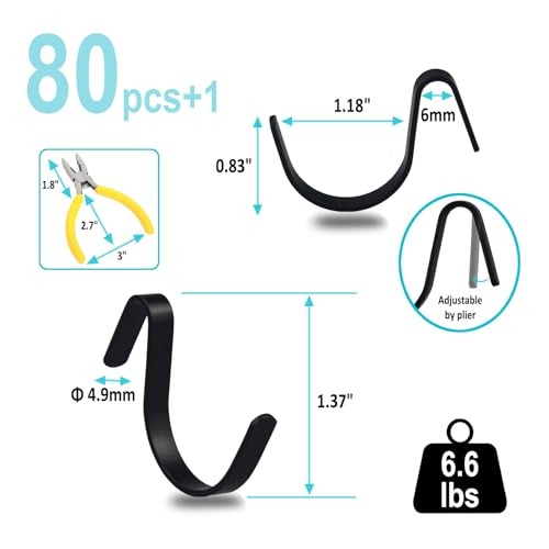 Pegboard J Hooks Black 80pcs Peg Board Metal Tool Hangers for Garage Craft | 1/4" Pegboard Accessories, Stainless Steel Hooks with A Small Plier, Adjustable J Hook for Slot Panels, Wire Shelves, Racks - style: 80pcs Black J Hooks