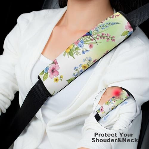 Universal Fit Watercolor Hummingbird Spring Flowers Seat Belt Shoulder Pad for Adult Use, Most Cars, 1 Pair Harness Pads Strap Anti-Slip Pad - color: Pattern 215