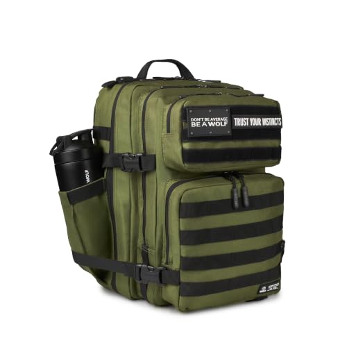WOLFpak 35L Athletic Gym Backpack - Durable 1000D Waterproof Oxford Material with MOLLE Webbing, Laptop Pocket - color: Athletic Green (Black Molle)