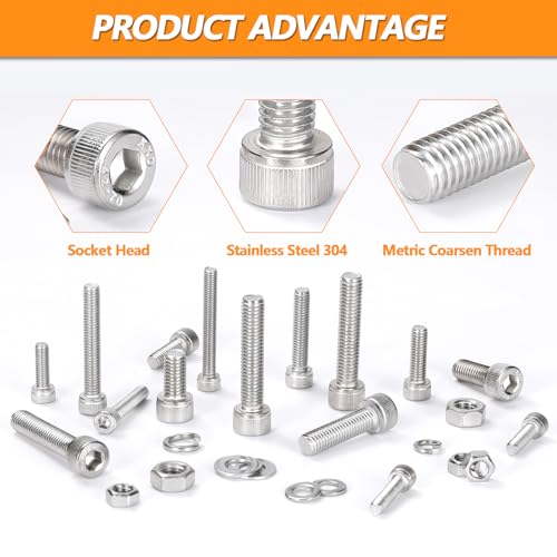 448 pcs M5/M6/M8 Metric Hex Head Socket Cap Bolt & Nut Assortment,304 Stainless Steel Metric Machine Screws, Hex Socket Head Cap Screws Nuts and Bolts Assortment Kit with Flat & Lock Washers - size: M5/M6/M8 - 448PCS