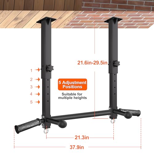 Ceiling Mount Pull Up Bar - 800 LBS Heavy Duty Adjustable Height Chin Up Bar with Ball Grips & TRX Anchors, Multi-Grip Overhead Workout Station for Garage, Basement & Home Gym