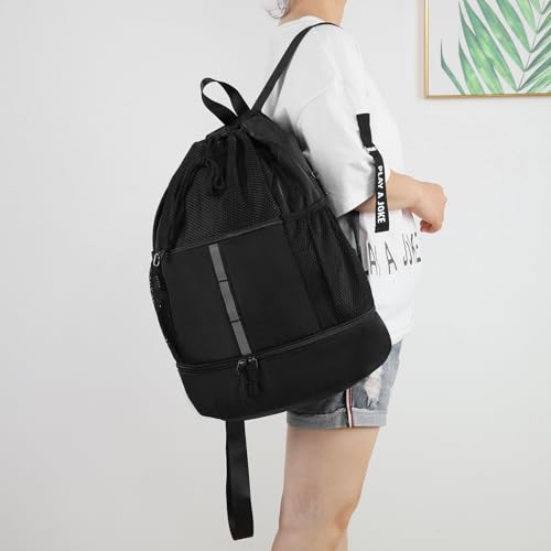 Valleycomfy Drawstring Gym Bag Sports Backpack With Shoe Compartment Black | Reflective Strips Top Handle - color: Black
