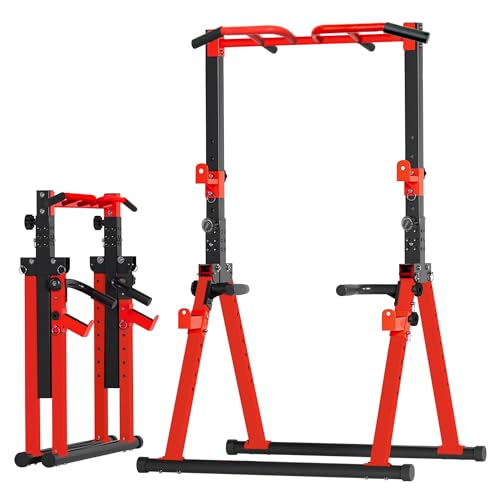 Foldable Power Tower Pull Up Bar Station, Adjustable Height | 700lbs Loading,Free Standing Pull Up Power Tower Station,Portable and Space Saving,fits Woman and Man, Mulit-grips, - color: Red