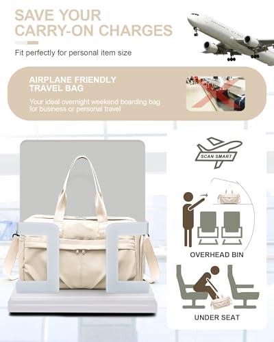 Gym Bag for Women Men, Sport Duffel Bag with Toiletry Bag & Shoe Compartment,Waterproof Travel Weekender Overnight Carry on Bag for Yoga with Trolley Sleeve, Beige Set - color: A6-Beige Set