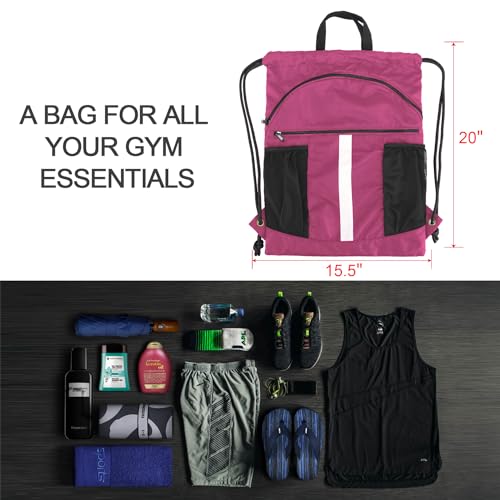 BeeGreen Drawstring Backpack Bag with Shoe Compartment, X-Large Black Gym Sports String Cinch Backpack - color: Rose Red