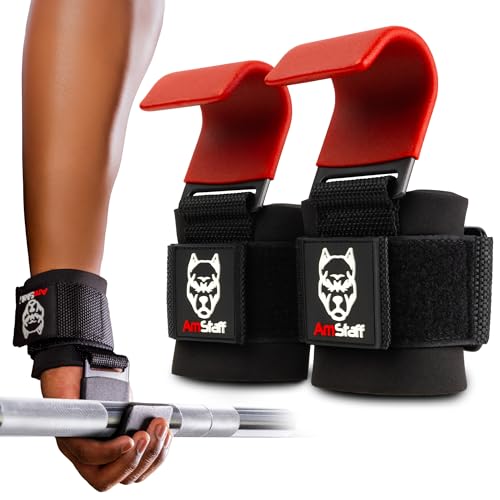 AmStaff Fitness Weight Lifting Hooks (Pair) - Gym Wrist Straps with Steel Hooks for Weightlifting, Pull-Ups, Deadlifts, Strength Training, and Fitness Workouts - Adjustable Neoprene Wrist Support - color: Red