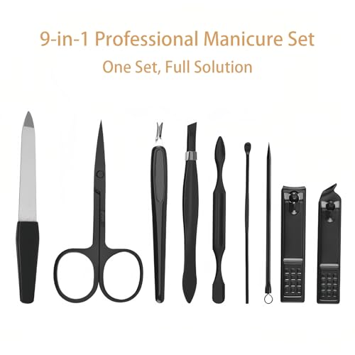 Luxury 9-in-1 Professional Manicure Set - Premium Stainless Steel Nail Clippers & Grooming Kit with Elegant Leather Travel Case for Ultimate Hand, Foot & Facial Care - Blue - color: Blue, size: 9PCS