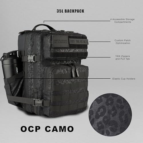 WOLFpak 35L Athletic Gym Backpack - Durable 1000D Waterproof Oxford Material with MOLLE Webbing, Laptop Pocket - color: Black Leopard
