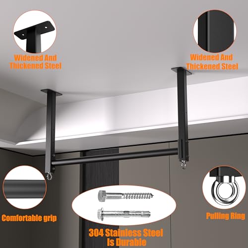 Ceiling Mounted Pull Up Bar, Heavy Duty 700 LBS Multi Grip Pull Up Bars, 16"/24" Rafter Chin Up Bar, Ceiling Joist for Garage/Gym/Basement with Comfortable Grip & Round Anchors, Easy to Install - color: Black