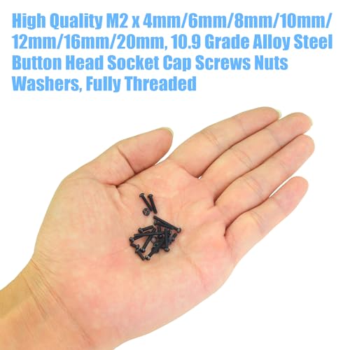 DYWISHKEY 566 Pieces M2 Black Screws, 10.9 Grade Alloy Steel M2x 4/6 /8/10 /12/16 /20mm Button Head Socket Cap Screws Bolts Nuts Washers Assortment Kit - size: M2, style: Button Head Socket Cap