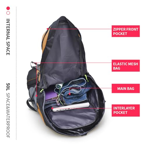 Bseash 50L Hiking Backpack, Water Resistant Lightweight Outdoor Sport Daypack Travel Bag for Camping Climbing Skiing Cycling (Gold - With Shoe Compartment) - color: Gold - With Shoe Compartment