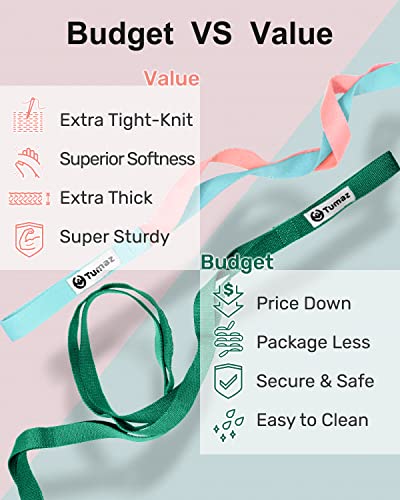 Tumaz Stretching Strap, 10-Loop Non-Elastic Yoga Strap | Designed for stretching, yoga, Pilates and rehab with 10 loops, durable webbing and a longer 79-inch design - color: Green Lite, size: Budget-Essential