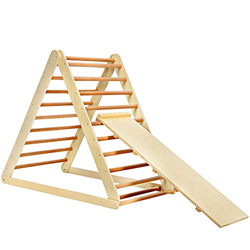 GLACER Wooden Climbing Triangle Ladder with Ramp, 2 in 1 Foldable Toddler Triangle Climber for Sliding & Climbing, Develop Strength, Balance and Motor Skills (Natural)