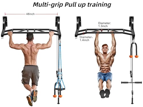 SELEWARE 48'' Heavy Duty Wall Mount Pull Up Bar with Cable Pulley System | Multi-function Chin up Bar with Cable Pulleys LAT Pulldown Attachments Heavy Bag Hanger for Home/Garage Gym Strength Training - color: A. Black Pull Up Bar with Cable Pulley System