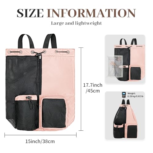 Beach Backpack with Wet Pocket Drawstring Mesh Beach Bag Waterproof Swimming Pool Backpack for Men and Women - color: Pink