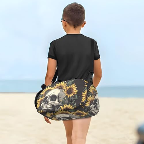 Kids Sports Duffel Bag for Boys & Girls - Skull Summer Sunflowers 100% Polyester Gym Bag with Separate Shoe Compartment, Adjustable Shoulder Strap, Compact Travel & Workout Gear Bag - color: Skull Summer Sunflowers