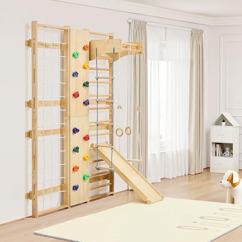 VEVOR Swedish Ladder Wall Gym, 9-in-1 12-Level Solid Wood Gymnastic Stall Bars for Kids Adults, 220LBS Indoor Jungle Gym with Rock Climbing Wall, Gym Rings, Pull-Up Bar, Climbing Board, Slide, Swing - style: 12-Level 9-in-1