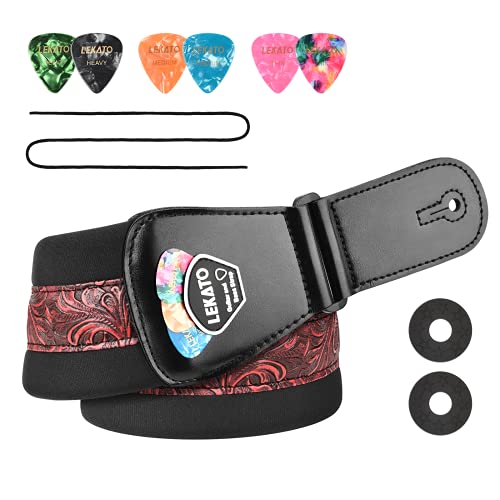 LEKATO Bass Guitar Strap - 3" Wide, Padded, Adjustable 45" to 55", With Pick Holder & 2 Safety Strap Locks - color: Red, size: Regular(45"-55")