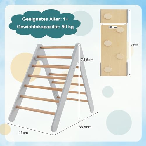 COSTWAY Climbing Triangle with Slide, Indoor Climbing Frame from 1 Year, Rung Triangle Climbing Ramp Made of Wood, for Climbing & Sliding (Grey)