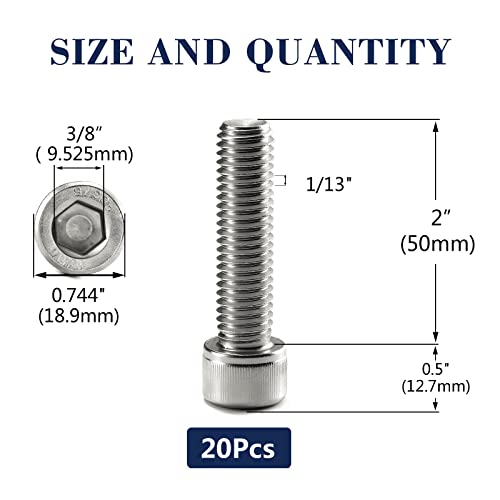 1/2-13 x 2 Socket Head Cap Screws Bolts, 20Pcs 304 Stainless Steel 18-8, Allen Socket Hex Drive, Full Thread, Bright Finish by SG TZH(with Hex Spanner) - size: 1/2-13 x 2"