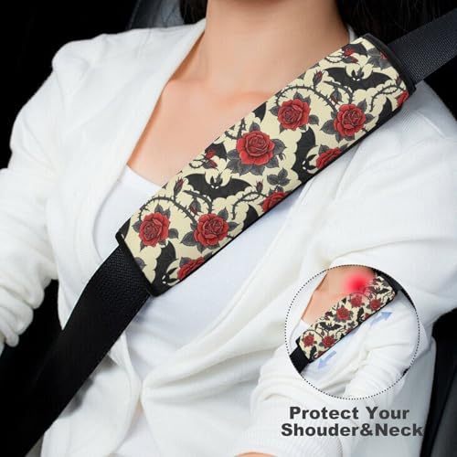 Breathable Seat Belt Shoulder Pad for Adults and Children, Stroller Pushchair High Chair, 2 Pack Halloween Goth Gothic Rose Bat Floral Neck Strap Covers Easy Install (No Tool) - color: Pattern 769