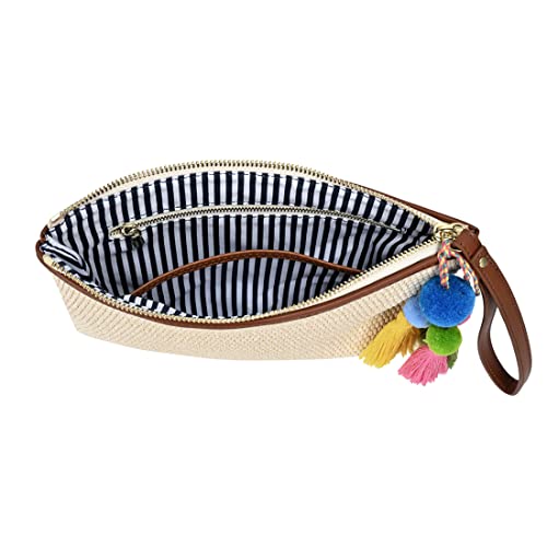 Luxury Straw Wristlet Pouch Beach Clutch Bag Small Summer Vacation Purse w. Colorful Pom Poms Tassels for Women - color: Beige