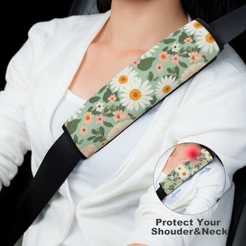 2PCS Spring Boho Floral Neutral Green Flowers Leaves Pastel Peony Daisy Car Seat Belt Pad Universal Soft And Comfortable Harness Pads Strap for Kids, Car Seats Pushchair Strollers High Chair Pushchair - color: Pattern 1078