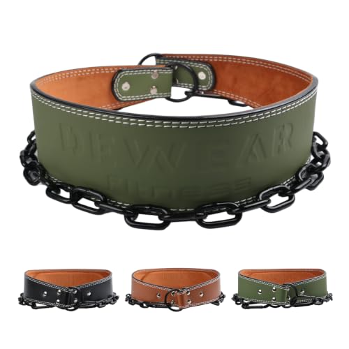 Heavy-Duty Leather Weightlifting Dip Belt with Steel Chain—Weightlifting, Squats, Deadlifts, Weighted pull-ups, Push-ups and Progressive Resistance Training - color: Military Green