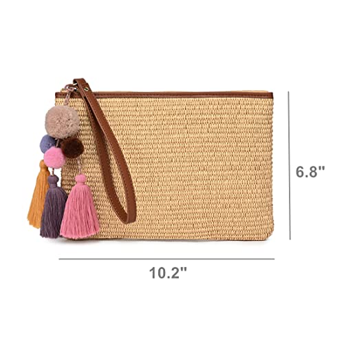 Luxury Straw Wristlet Pouch Beach Clutch Bag Small Summer Vacation Purse w. Colorful Pom Poms Tassels for Women - color: Brown