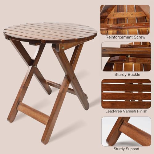 Outdoor Wooden Side Table, Folding Patio End Table, Small Round Furniture Table for Adirondack Chair, Balcony, Porch, Acacia Wood, No Assembly, Brown - color: R-brown-1