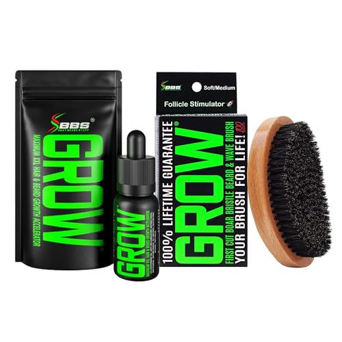 Beard Growth Kit w/GROW XXL Beard Oil/Serum for Facial Hair Growth for Men + 100% Lifetime Replacement First Cut Boar Bristle Brush & 360 Wave Brush for Men - Formulated in America - size: XL Brush + GROW